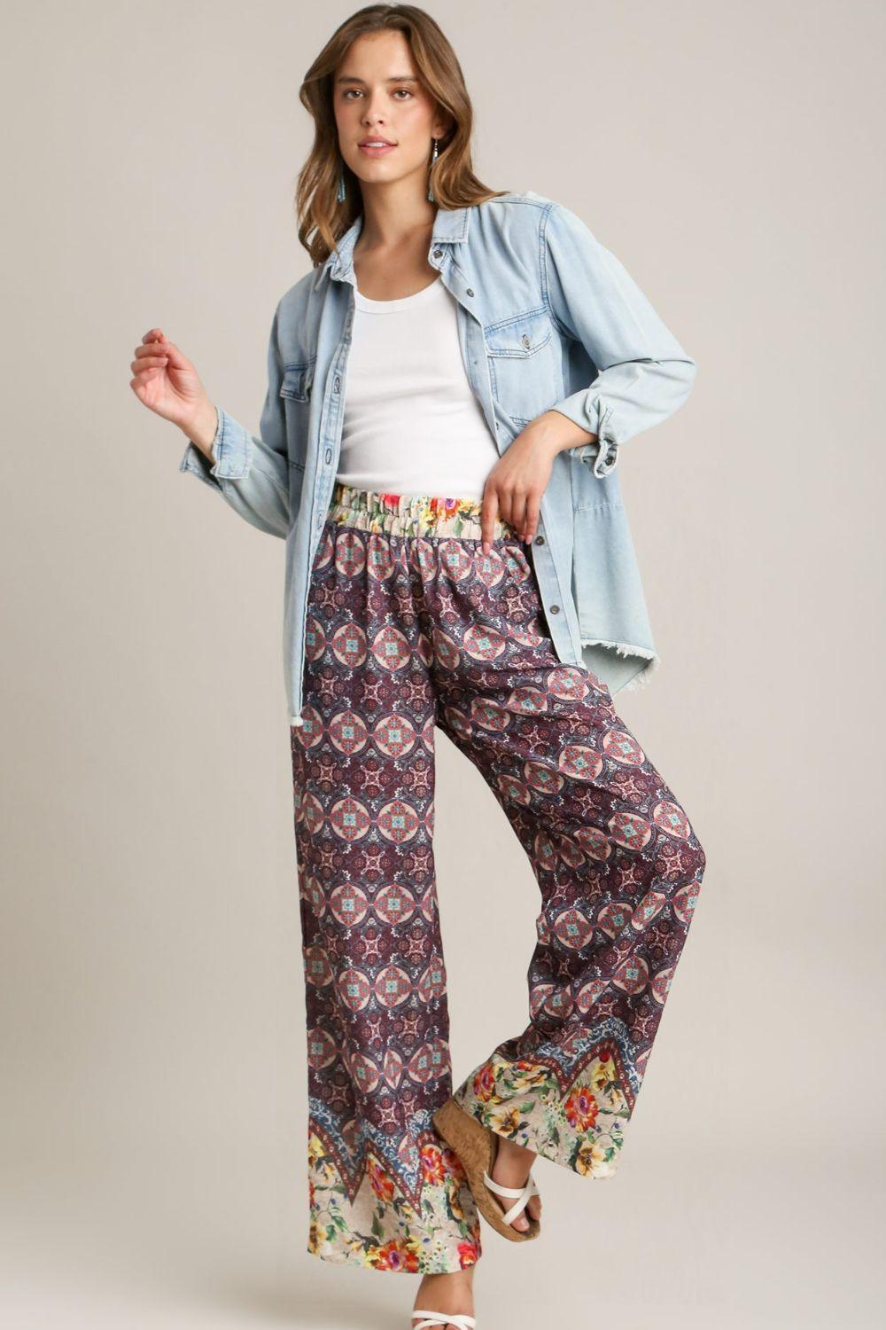 Umgee Full Size Mixed Print Elastic Waistband Pants Plus Size Pants