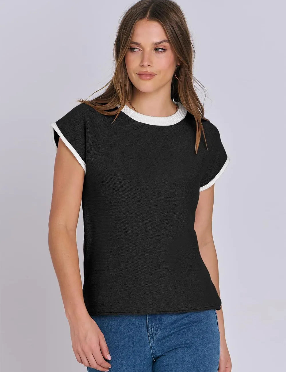 Black Contrast Round Neck Cap Sleeve Sweater | Sweaters Daverri Fashions