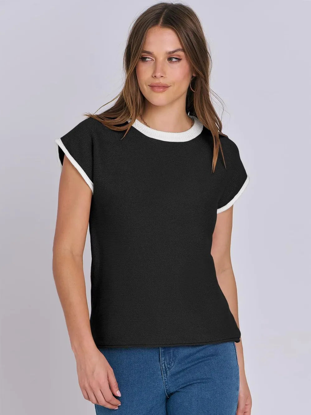 Black Contrast Round Neck Cap Sleeve Sweater | Sweaters Daverri Fashions