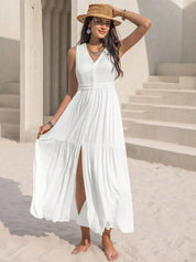 White Slit V-Neck Sleeveless Maxi Dress | Maxi Dresses Daverri Fashions