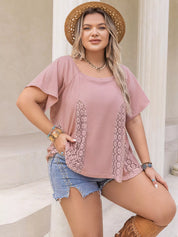 Plus Size Lace Detail Round Neck Short Sleeve T-Shirt | T-Shirts Daverri Fashions