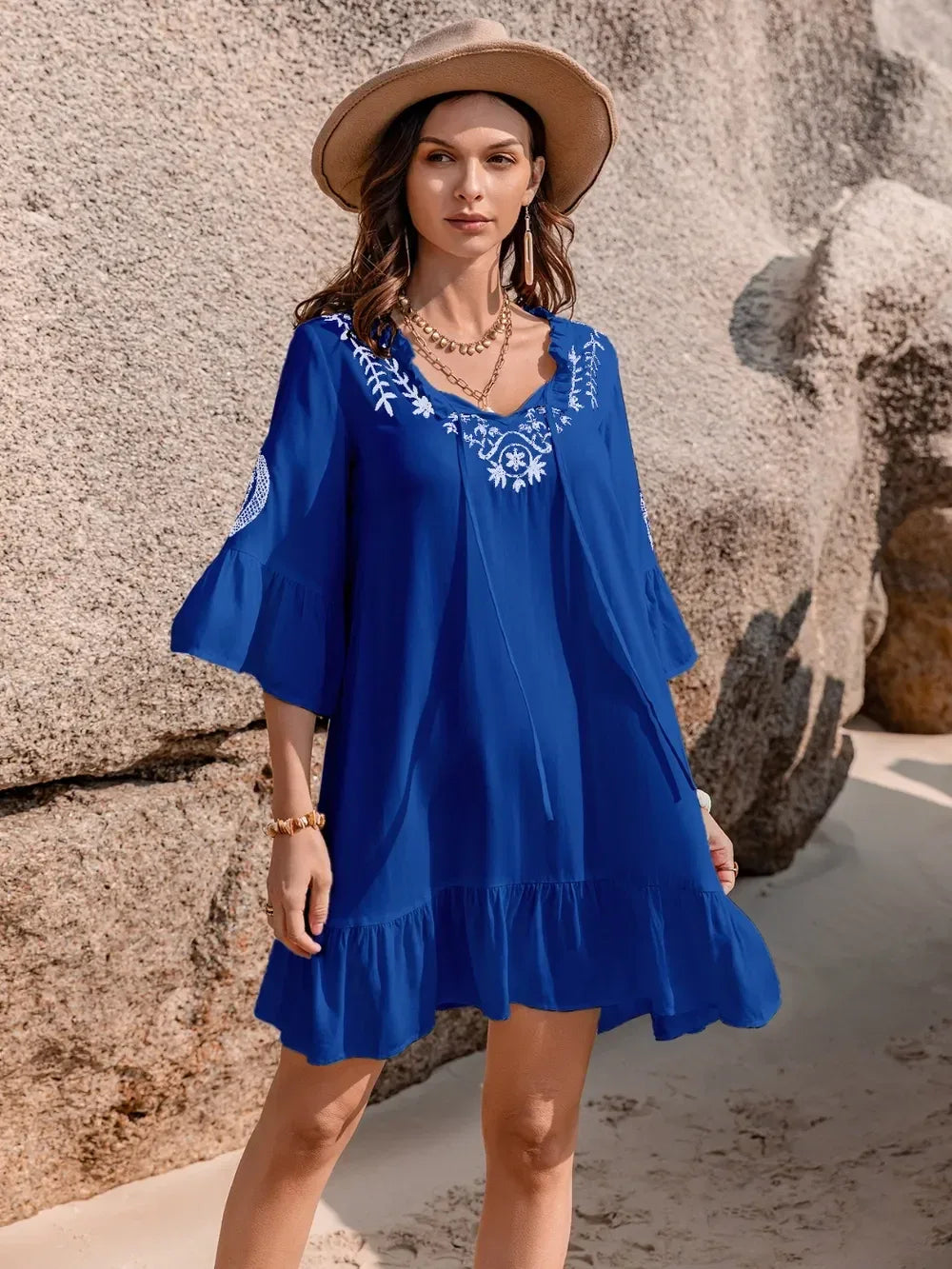 Printed Tie Neck Flounce Sleeve Mini Dress - DAVERRI FASHIONS