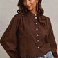 Brown embroidered 3D floral woven blouse with puff sleeves and white buttons
