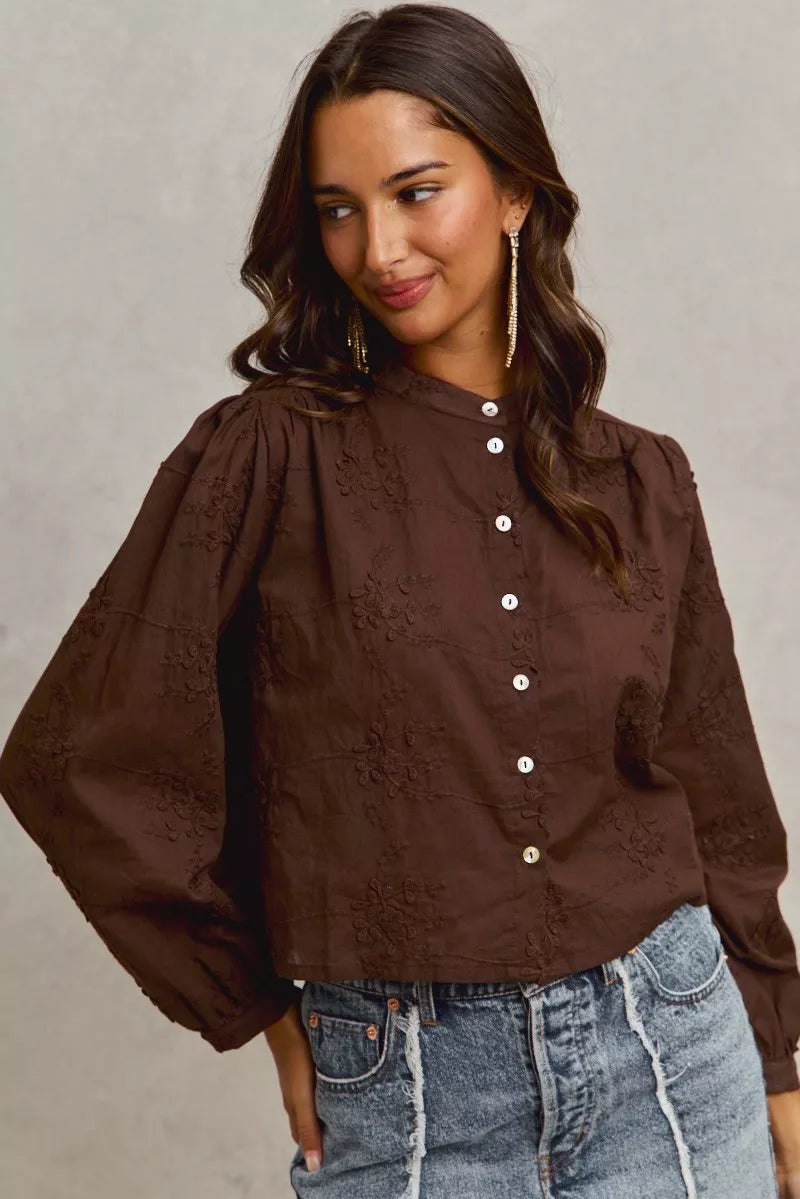 Brown embroidered 3D floral woven blouse with puff sleeves and white buttons