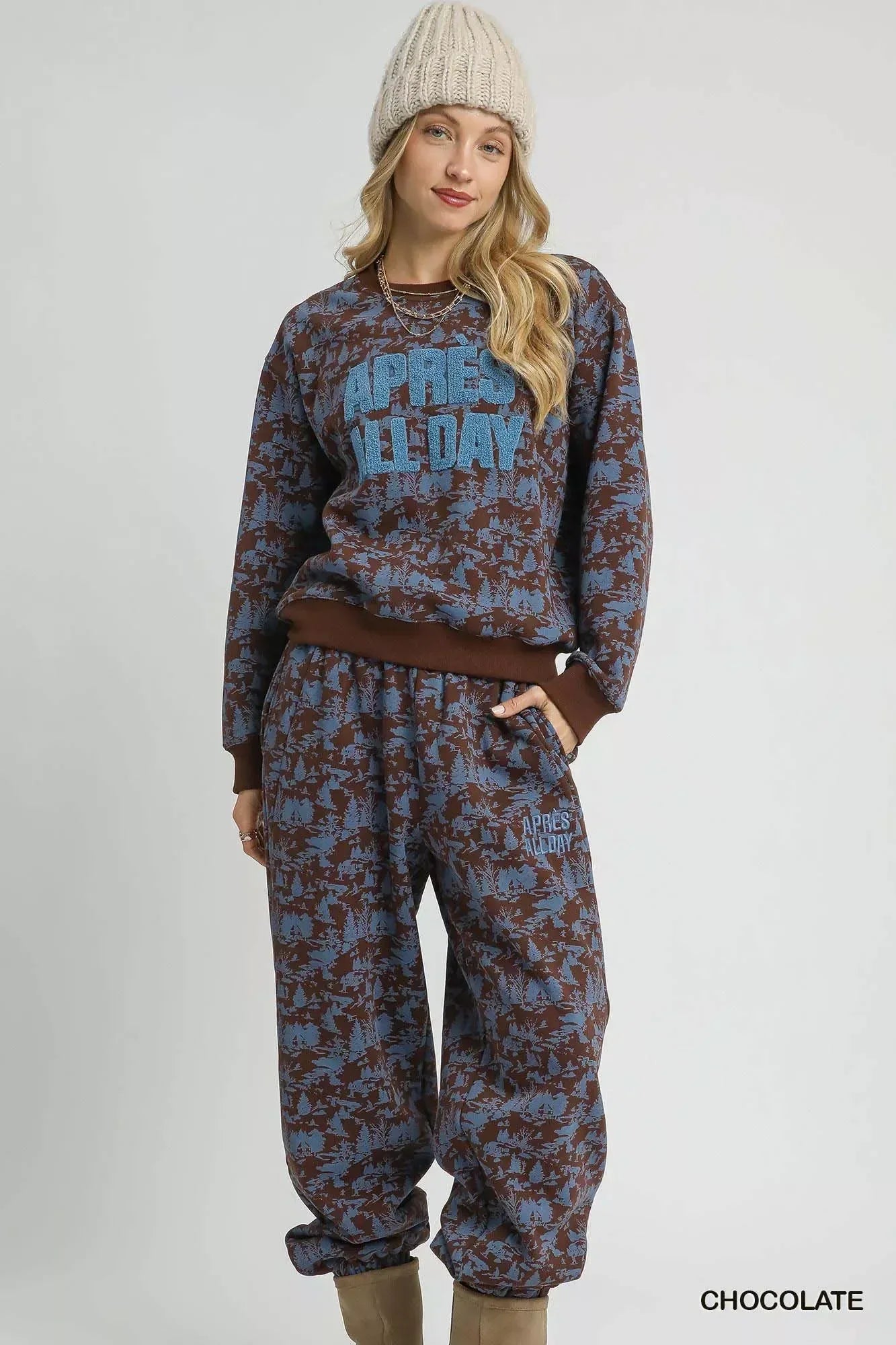 Umgee Scenic Print Casual Sweatpants Chocolate - DAVERRI FASHIONS
