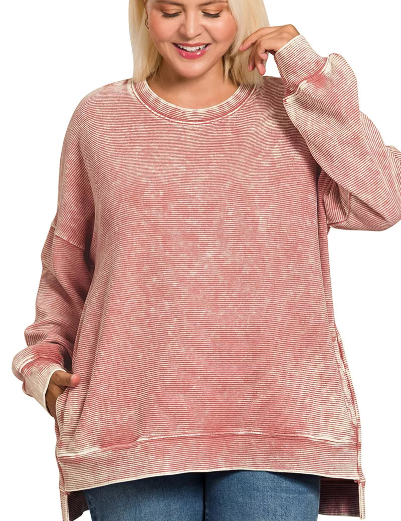Zenana Full Size Acid Washed Double Ribbed Hi-low Sweatshirt Plus Size | Sweatshirts Daverri Fashions