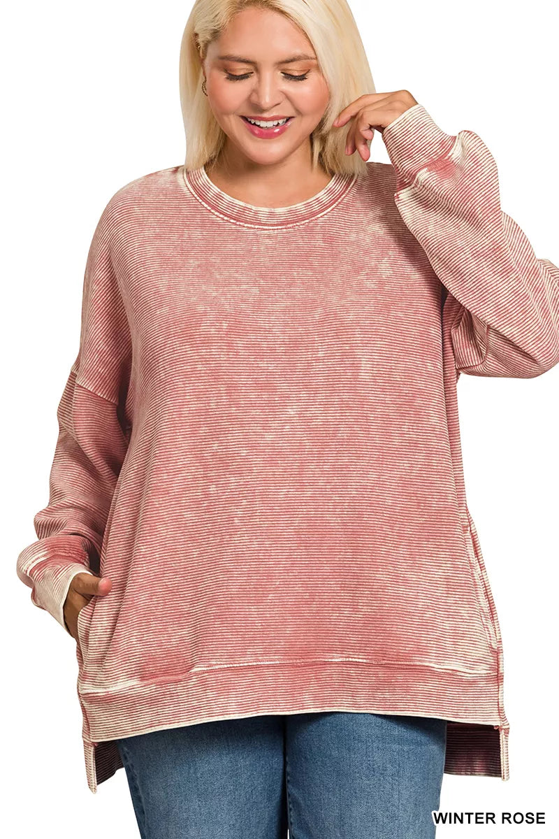 Zenana Full Size Acid Washed Double Ribbed Hi-low Sweatshirt Plus Size | Sweatshirts Daverri Fashions