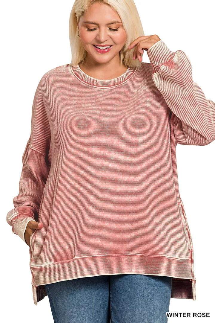 Zenana Full Size Acid Washed Double Ribbed Hi-low Sweatshirt Plus Size | Sweatshirts Daverri Fashions