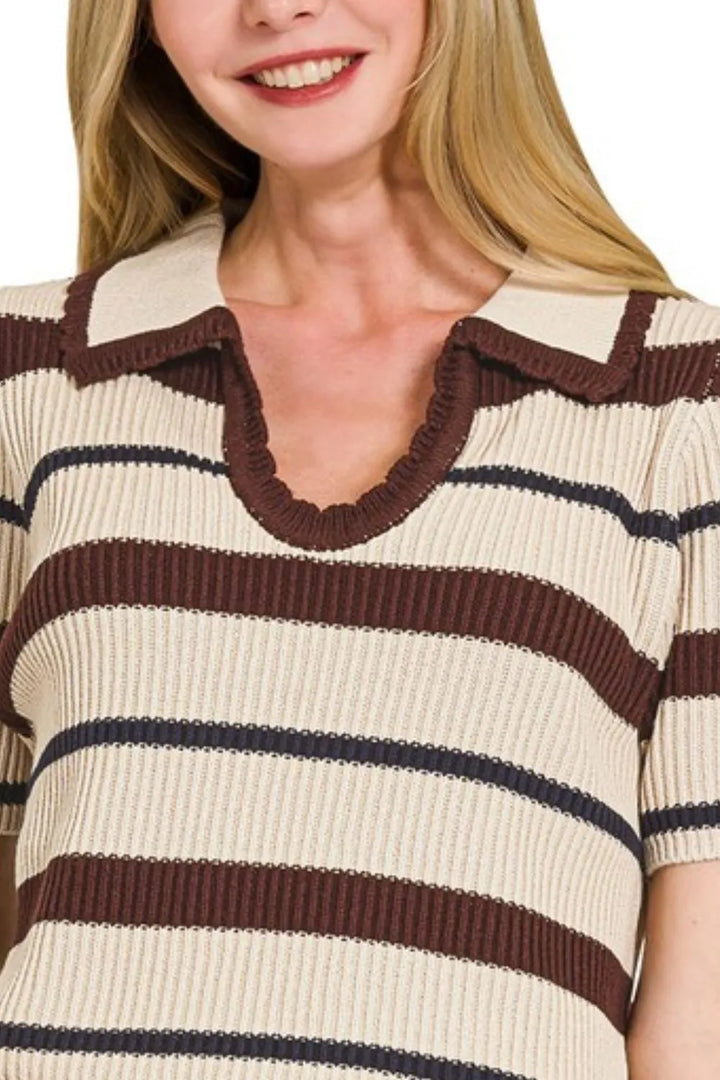 Zenana Striped Collared Short Sleeve Cropped Sweater