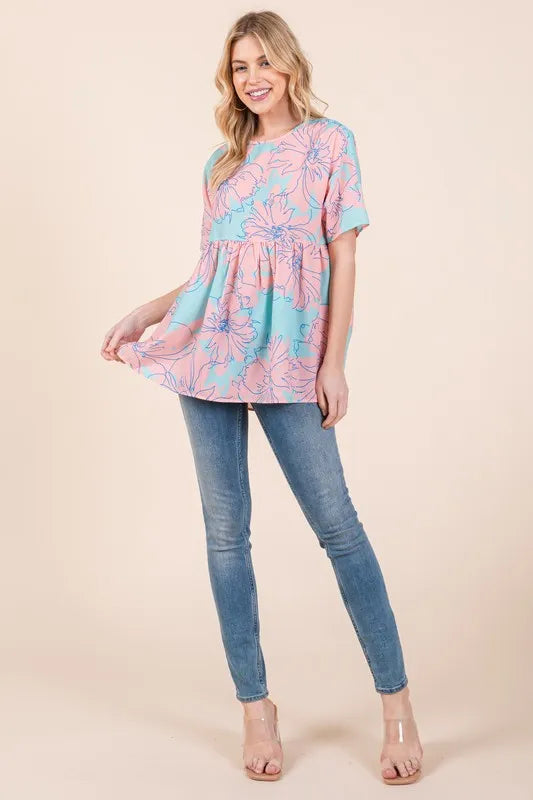 BOMBOM Floral Babydoll Tunic Top | Tops Daverri Fashions