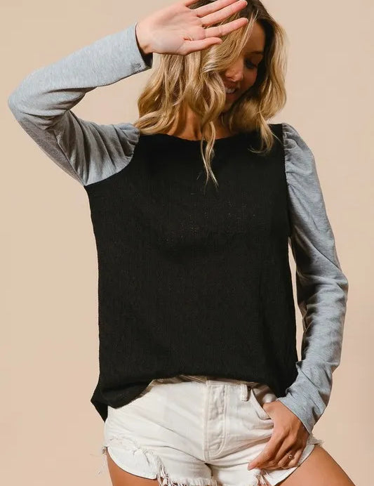 BLACK BiBi Cable Sweater Knit Top with Contrast Puff Sleeve | Knit Tops Daverri Fashions