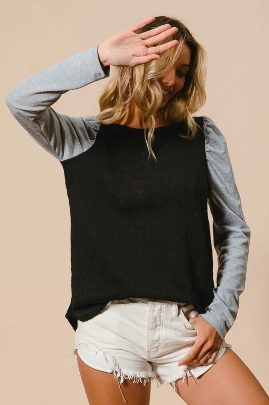 BLACK BiBi Cable Sweater Knit Top with Contrast Puff Sleeve | Knit Tops Daverri Fashions