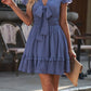 Soft blue short-sleeved Tie-Front Mini Dress with V-neck and ruffled hem