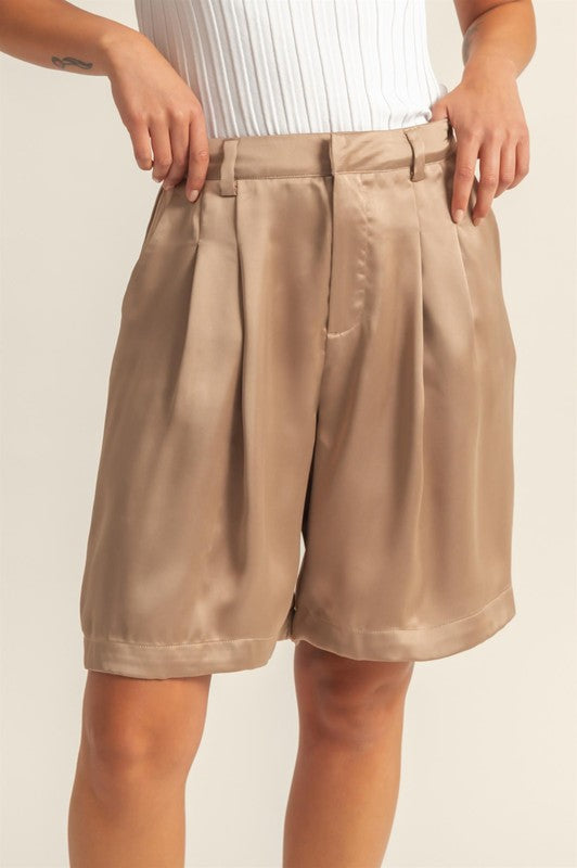 HYFVE High-Waist Pleated Satin Shorts Shorts