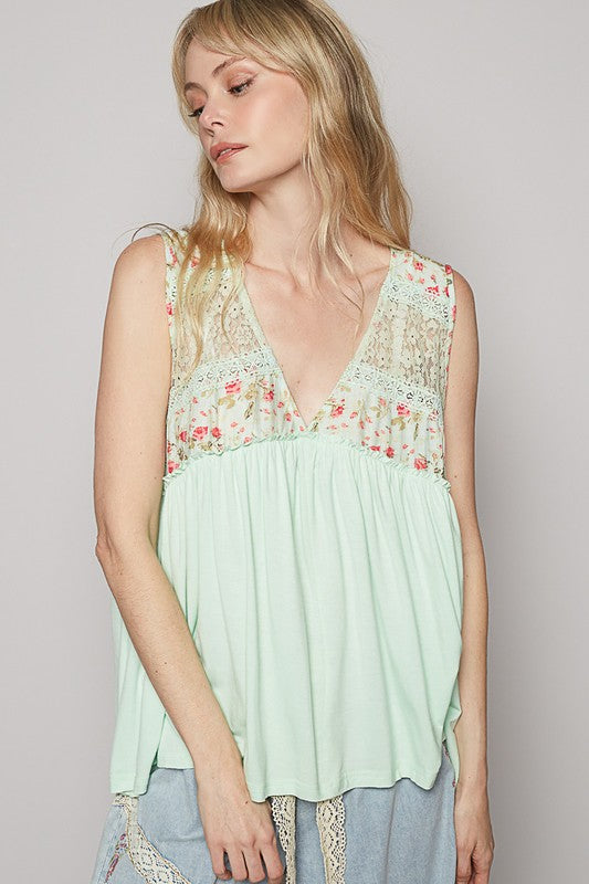 POL Lace Detail Frill Floral V-Neck Sleeveless Top Tops