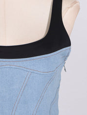 Contrast Adjustable Strap Denim Dress | Daverri Fashions