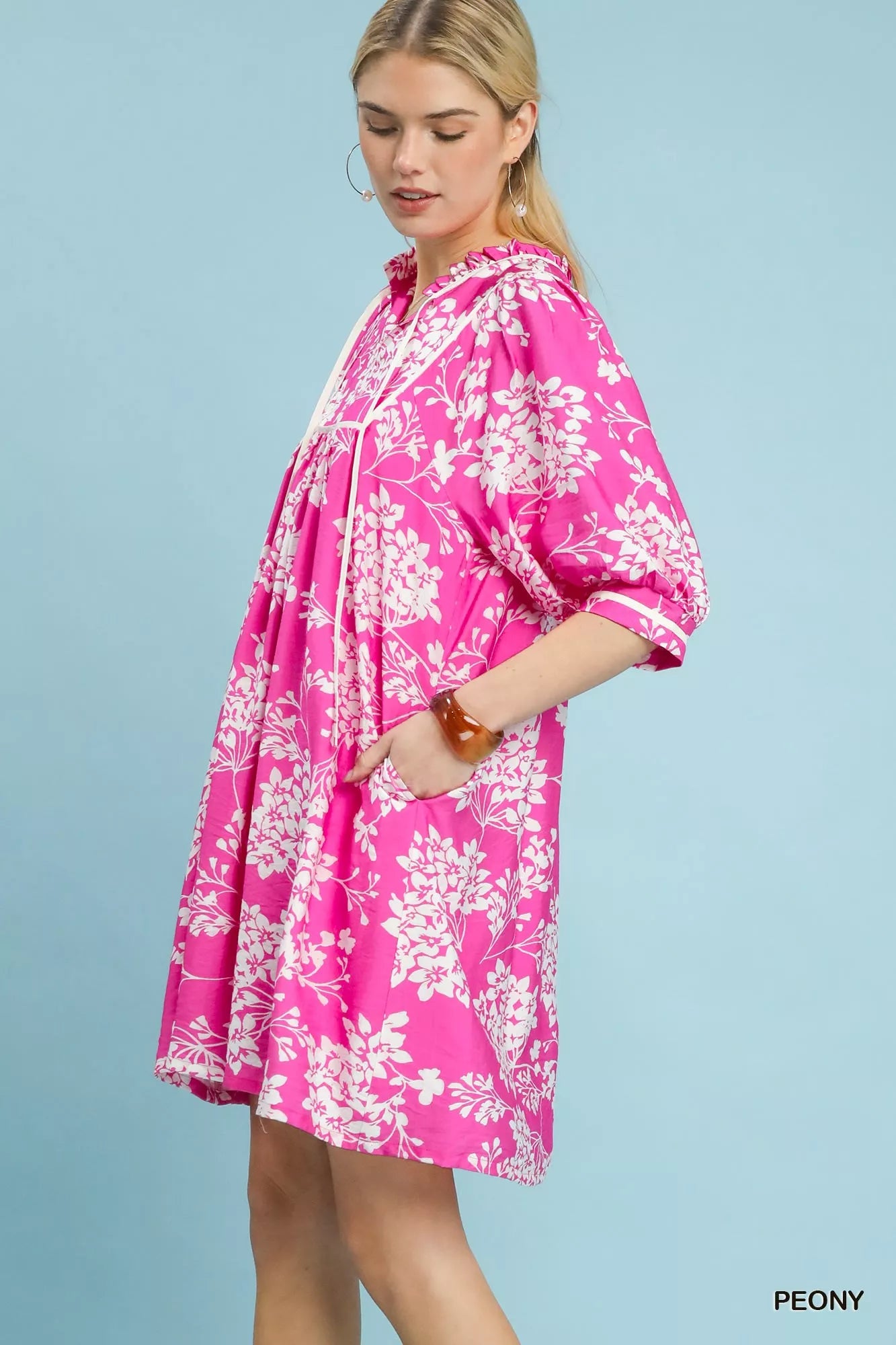Umgee Floral Babydoll Dress with Pockets: vibrant pink peony print and hood