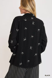 Umgee Linen Blend Fitted Shirt with Ribbon Embroidery Details | Shirts Daverri Fashions