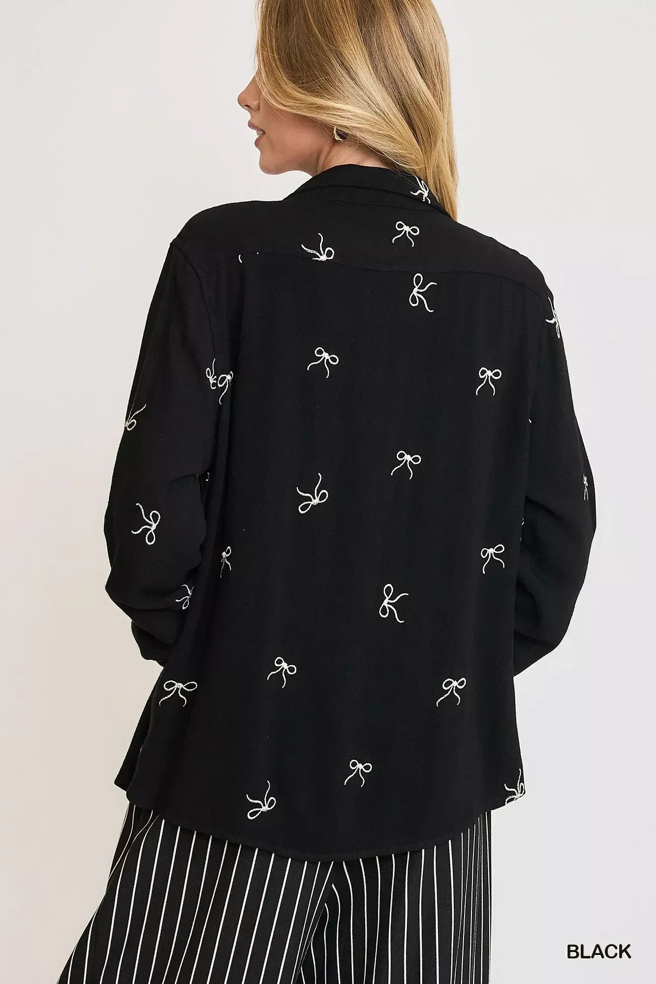 Umgee Linen Blend Fitted Shirt with Ribbon Embroidery Details - DAVERRI FASHIONS