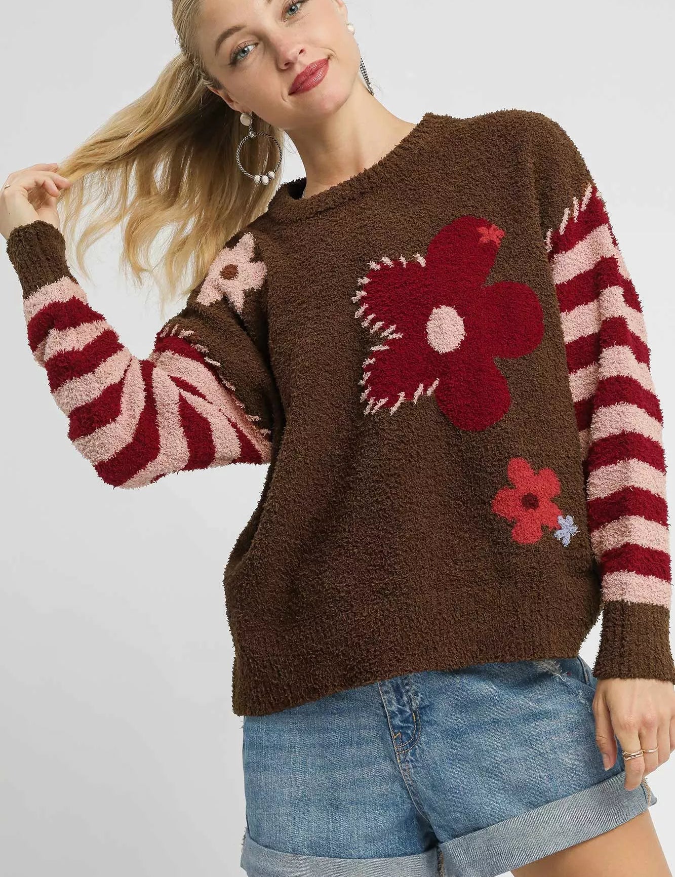 Umgee Flower Jacquard Striped Long Sleeve Sweater | Sweaters Daverri Fashions