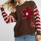 Umgee Flower Jacquard Striped Long Sleeve Sweater - DAVERRI FASHIONS