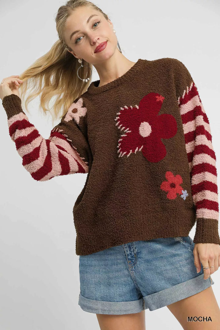 Umgee Flower Jacquard Striped Long Sleeve Sweater | Sweaters Daverri Fashions