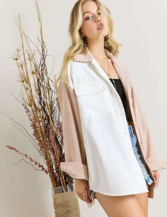 ADORA Color Block Corduroy Shacket | Daverri Fashions