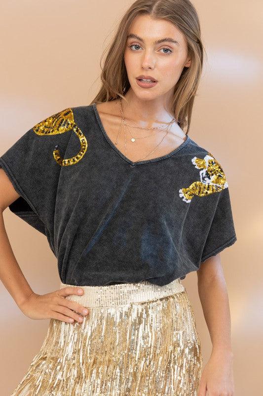 Tiger Sequin Cotton Top Shirts & Tops