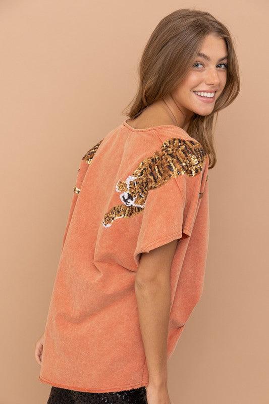 Tiger Sequin Cotton Top Shirts & Tops