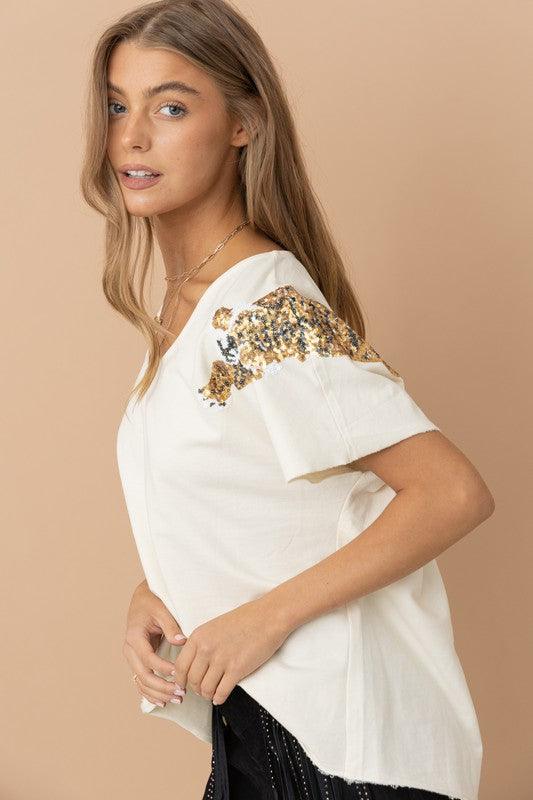 Tiger Sequin Cotton Top Shirts & Tops