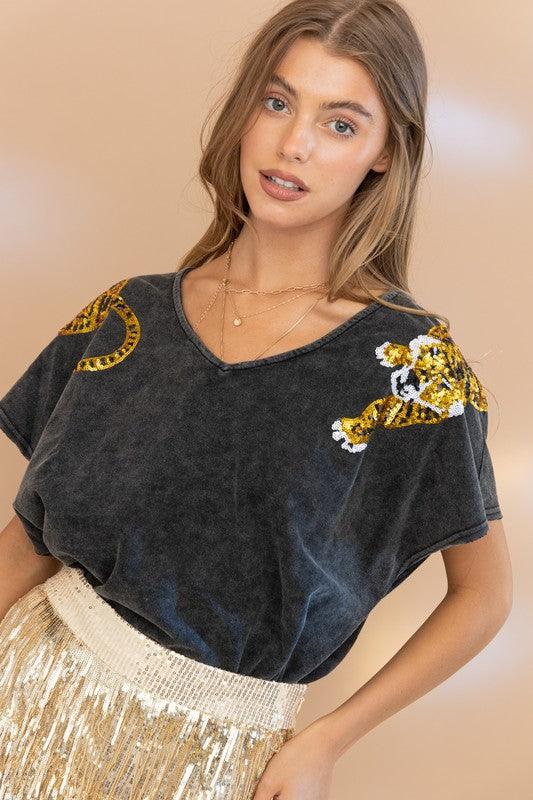 Tiger Sequin Cotton Top Shirts & Tops