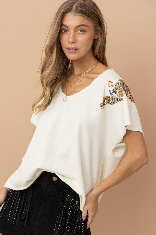 Tiger Sequin Cotton Top Shirts & Tops