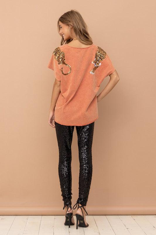 Tiger Sequin Cotton Top Shirts & Tops