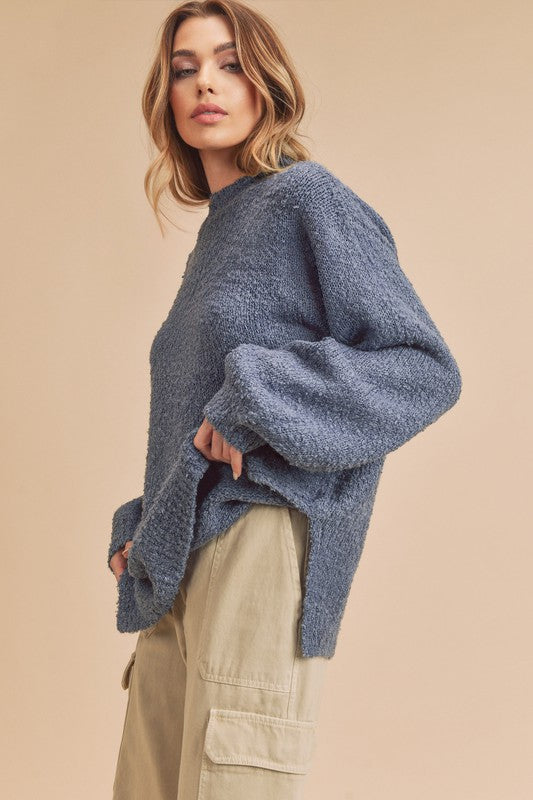 Cozy oversized blue fuzzy Aemi + Co mock neck knit sweater, small