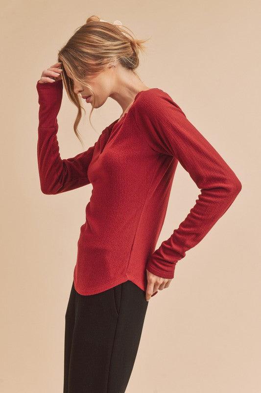 Aemi + Co Notched V-Neck Ribbed Top | Tops Daverri Fashions