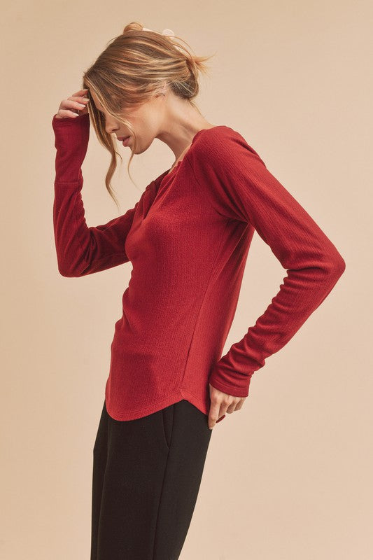 Aemi + Co Notched V-Neck Ribbed Top Tops