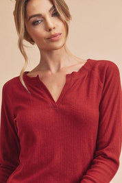 Aemi + Co Notched V-Neck Ribbed Top | Tops Daverri Fashions