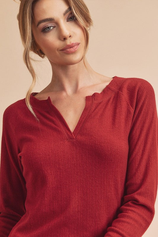 Aemi + Co Notched V-Neck Ribbed Top Tops