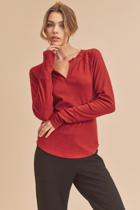 Aemi + Co Notched V-Neck Ribbed Top BURGUNDY Tops