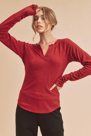 Aemi + Co Notched V-Neck Ribbed Top | Tops Daverri Fashions