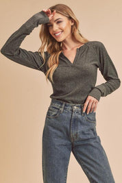 Aemi + Co Notched V-Neck Ribbed Top | Tops Daverri Fashions