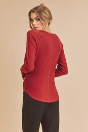 Aemi + Co Notched V-Neck Ribbed Top | Tops Daverri Fashions