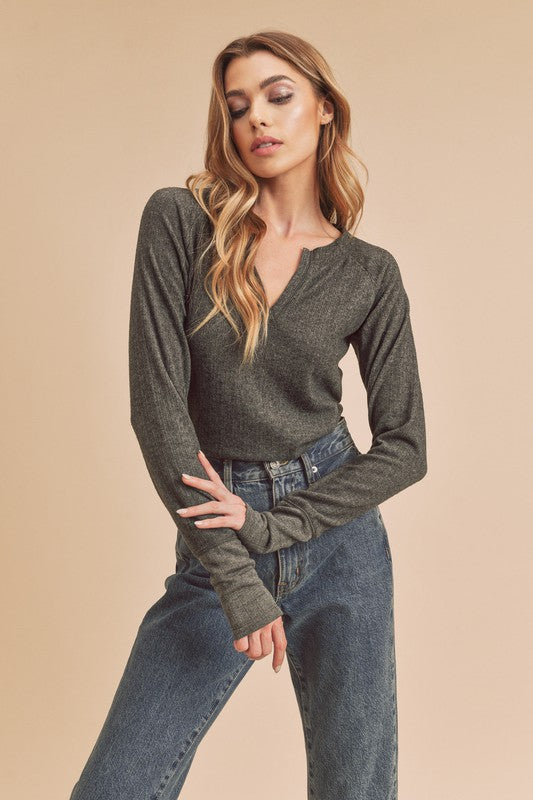 Aemi + Co Notched V-Neck Ribbed Top CHARCOAL Tops