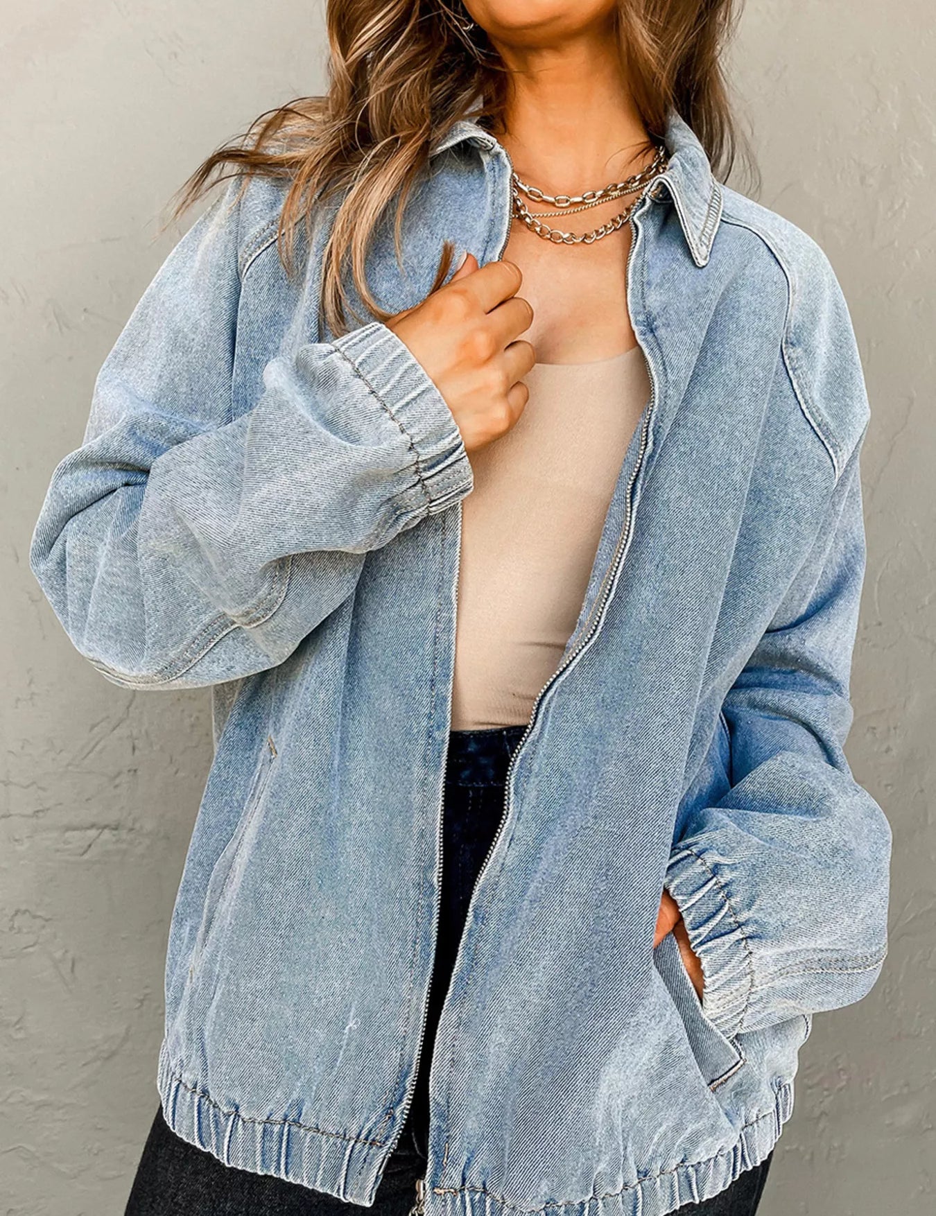 Medium M Elastic Edge Collared Zip Up Denim Jacket With Pocket | Denim Jackets Daverri Fashions