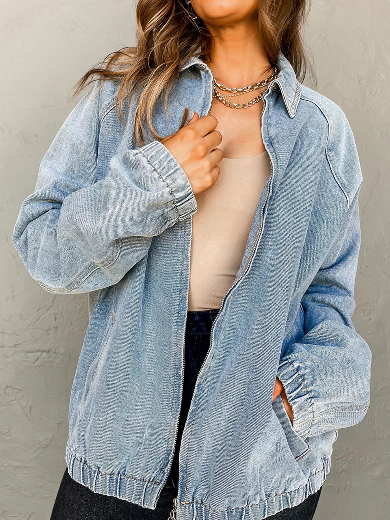 Medium M Elastic Edge Collared Zip Up Denim Jacket With Pocket | Denim Jackets Daverri Fashions