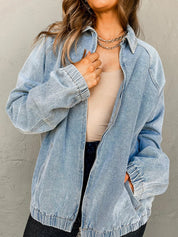 Medium M Elastic Edge Collared Zip Up Denim Jacket With Pocket | Denim Jackets Daverri Fashions