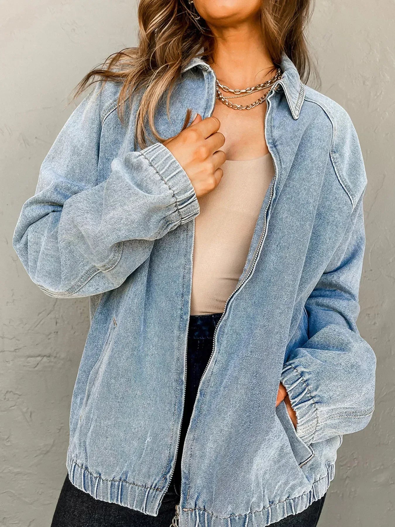 Elastic Edge Collared Zip Up Denim Jacket With Pocket - DAVERRI FASHIONS