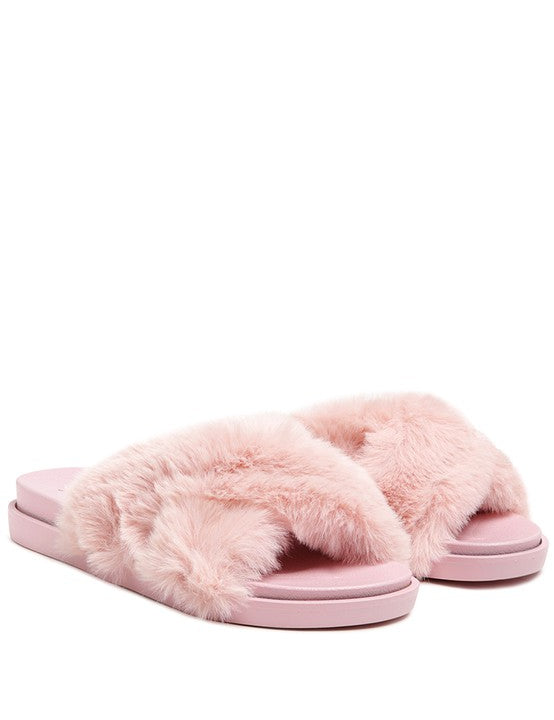 Pink HOMEY FUR SLIP-ON FLATS | Slippers Daverri Fashions