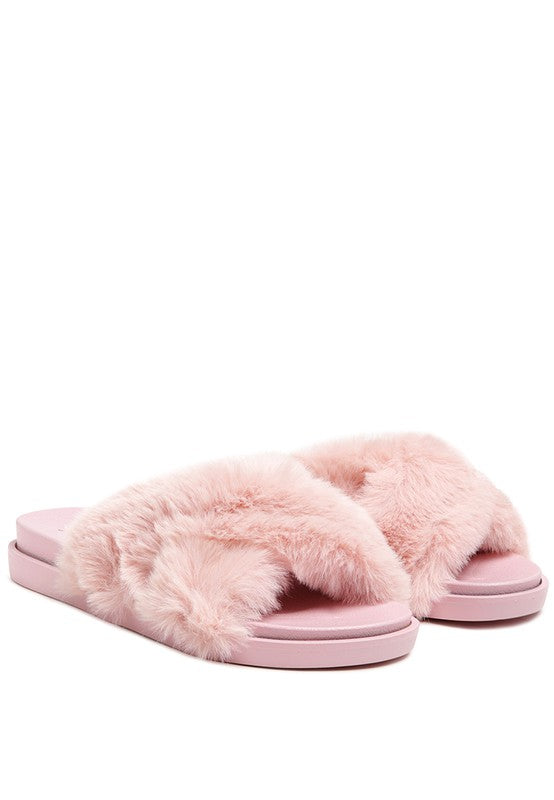 Pink HOMEY FUR SLIP-ON FLATS | Slippers Daverri Fashions