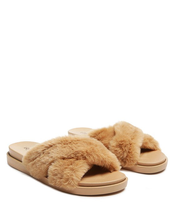 Nude HOMEY FUR SLIP-ON FLATS | Slippers Daverri Fashions